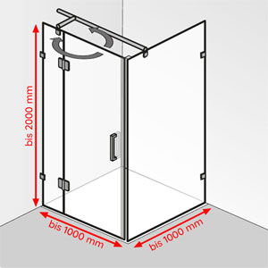 Breite / Tiefe / Höhe: bis 1000 mm / bis 1000 mm / bis 2000 mm